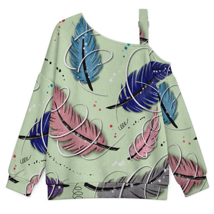 Women’s Off-Shoulder Knit Sweater Colorful Feather Pattern