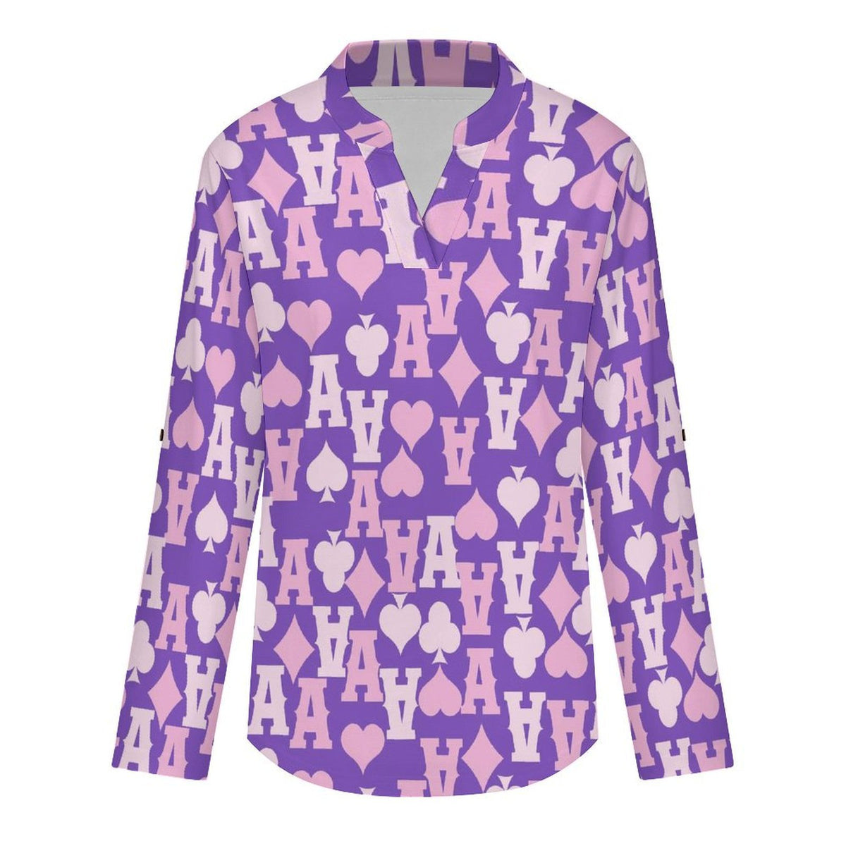 Roll Tab 3/4 Sleeve Notched V Neck Tunic Blouse  Poker A