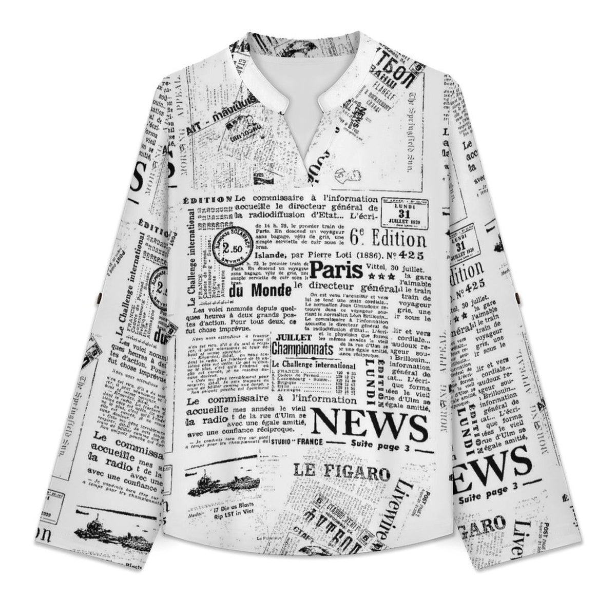 Stand-up Collar Long-sleeved Shirt Newspaper Vintage Dress white S Women’s V-Neck Blouses