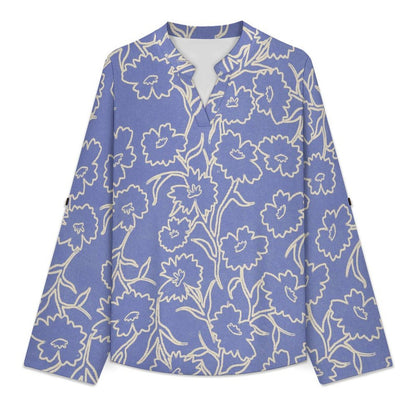 Repeat Flower Blue  Women Curved Hem V Neck Roll Sleeve Casual Work Top