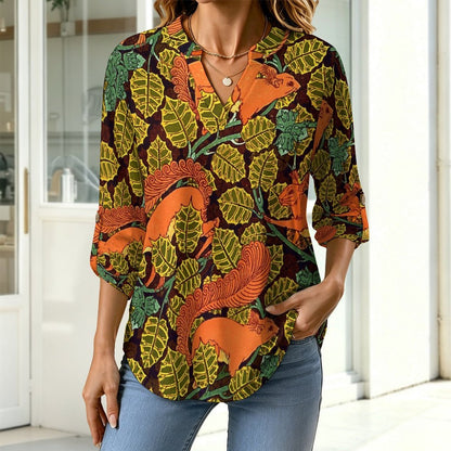 Yellow Squirrel, Autumn  Versatile Notched V-Neck Tunic | Roll Tab 3/4 Sleeve Office Casual Top