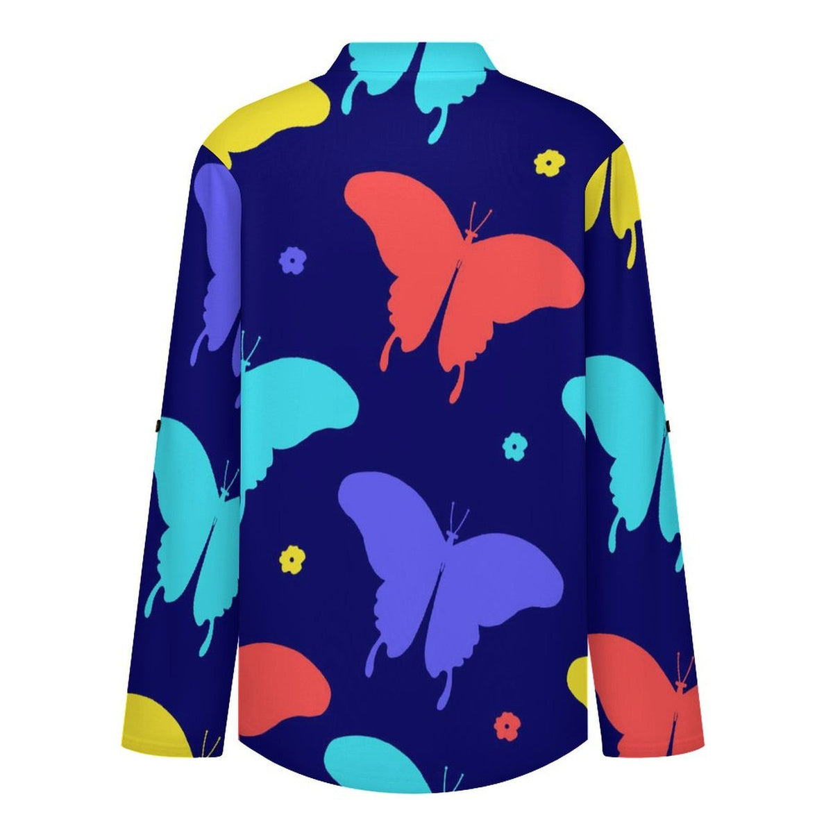 Women's Notched V Neck Tunic Tops, Roll Up 3/4 Sleeve Button Cuff Casual Blouse, Hem Loose Work Shirts  Butterfly-color-red-blue-yellow-repeat