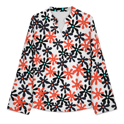 Floral, Repeating Pattern  Versatile Notched V-Neck Tunic | Roll Tab 3/4 Sleeve Office Casual Top