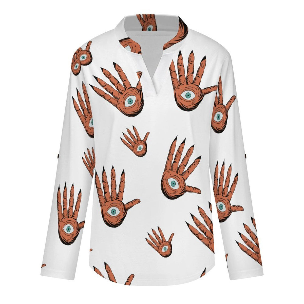 Versatile Notched V-Neck Tunic  Roll Tab 3/4 Sleeve Office Casual Top  Hands, Halloween, Repeating Pattern
