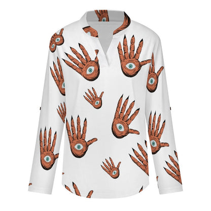Versatile Notched V-Neck Tunic  Roll Tab 3/4 Sleeve Office Casual Top  Hands, Halloween, Repeating Pattern