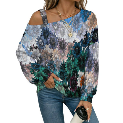 Off-the-shoulder SweaterRetro, Colorful Flower Patterns Women’s Off-Shoulder Knit Sweater