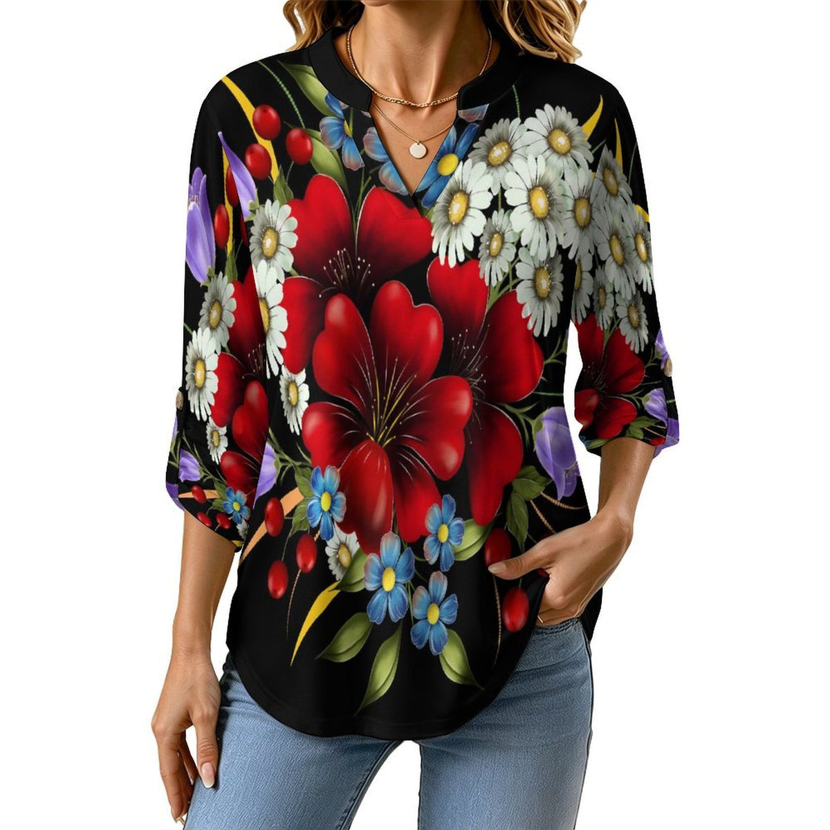 Stand-up Collar Long-sleeved Shirt Colorful Bouquet white S Women’s V-Neck Blouses