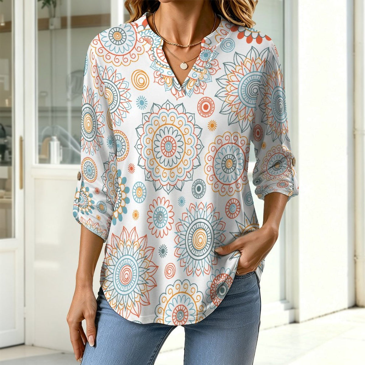 Women's Notched V Neck Tunic Tops, Roll Up 3/4 Sleeve Button Cuff Casual Blouse, Hem Loose Work Shirts Repetitive Pattern