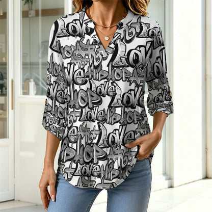 Graffiti, Font, Repeating Pattern  Versatile Notched V-Neck Tunic | Roll Tab 3/4 Sleeve Office Casual Top