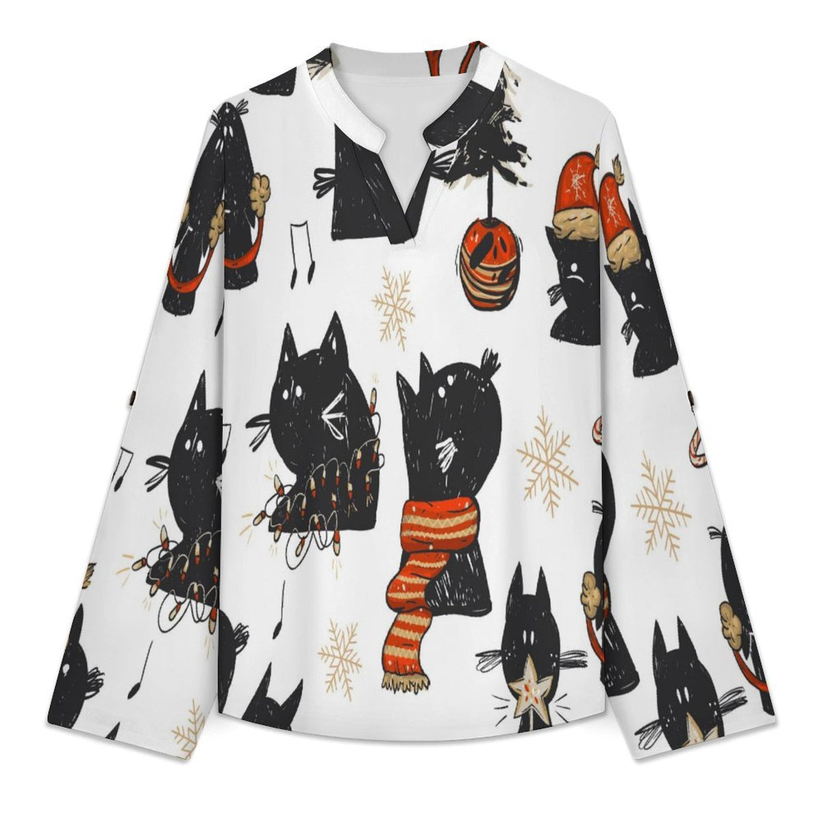 Christmas, Black Cat  Versatile Notched V-Neck Tunic | Roll Tab 3/4 Sleeve Office Casual Top