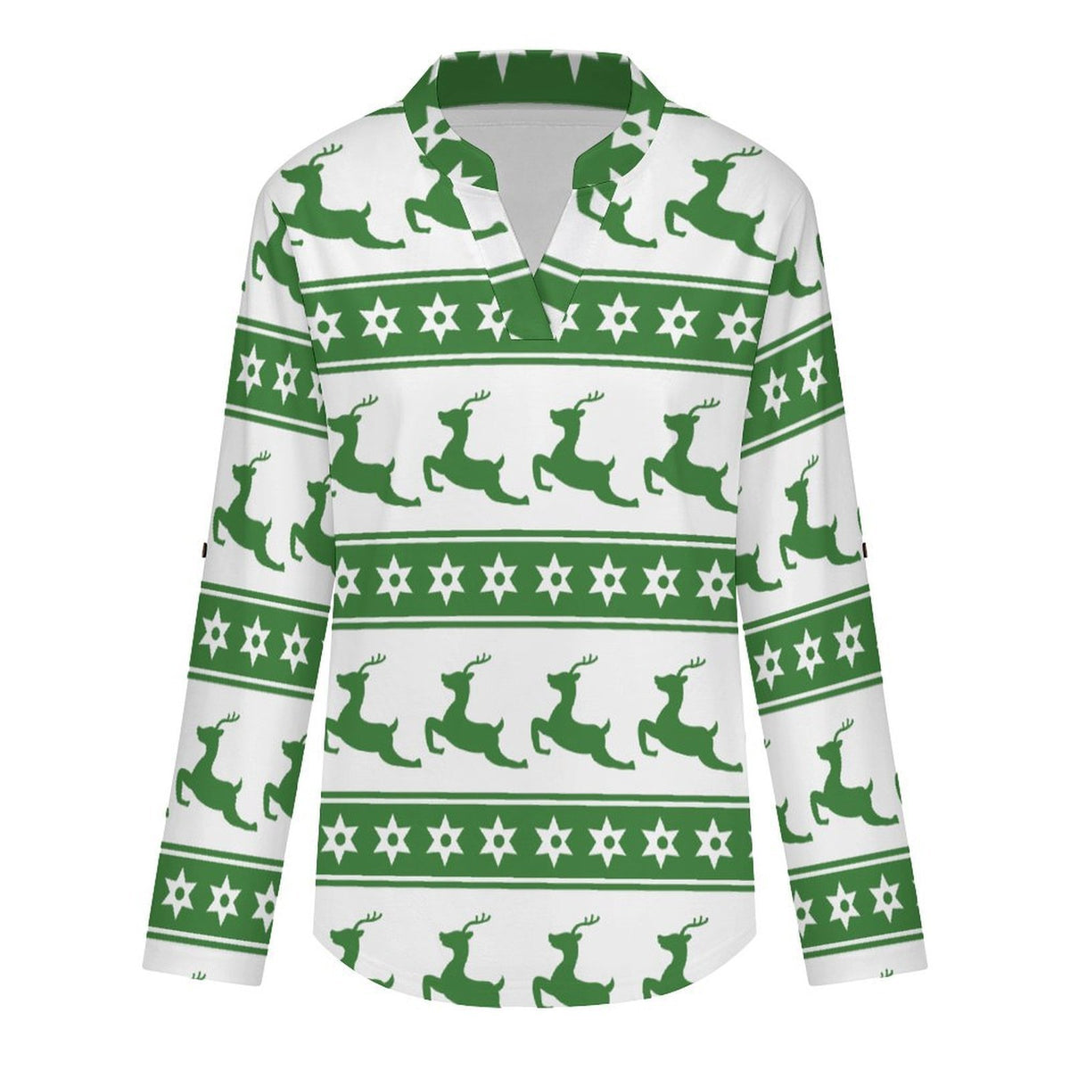Christmas Reindeer Repeat Pattern  Versatile Notched V-Neck Tunic | Roll Tab 3/4 Sleeve Office Casual Top