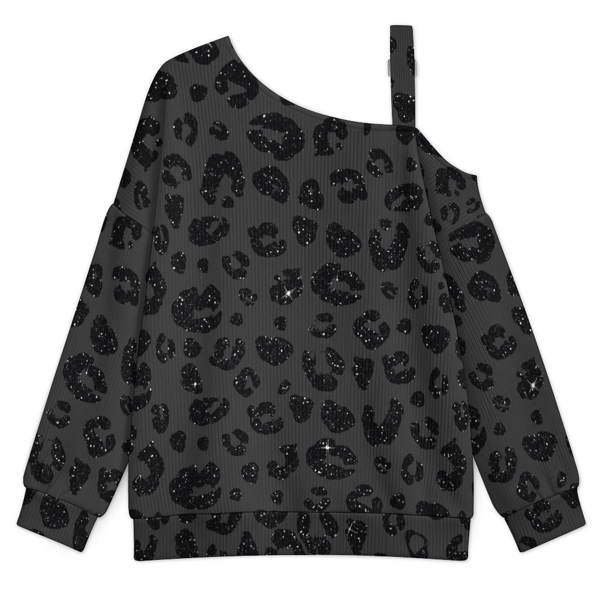 Fall Casual Asymmetric Shoulder Knit Top with Buckle Detail Leopard Print
