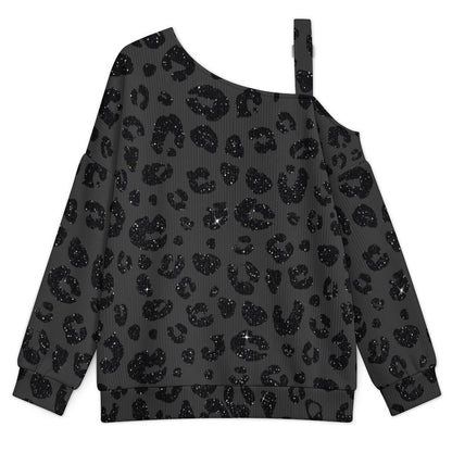 Fall Casual Asymmetric Shoulder Knit Top with Buckle Detail Leopard Print