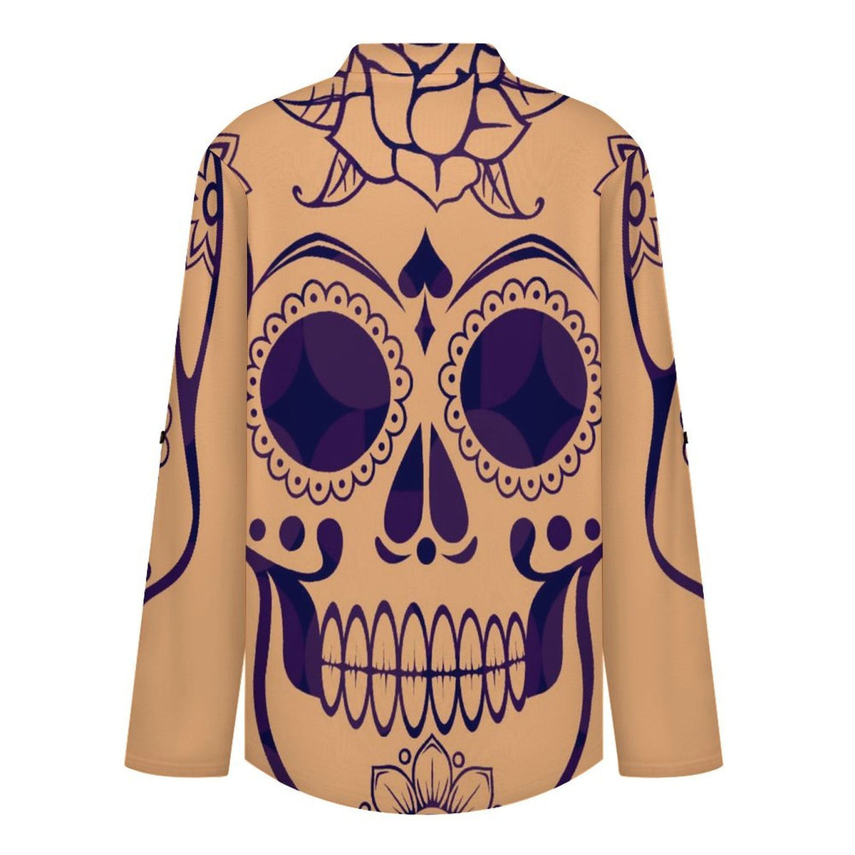 Roll Tab 3/4 Sleeve Notched V Neck Tunic Blouse  Skull, Pattern