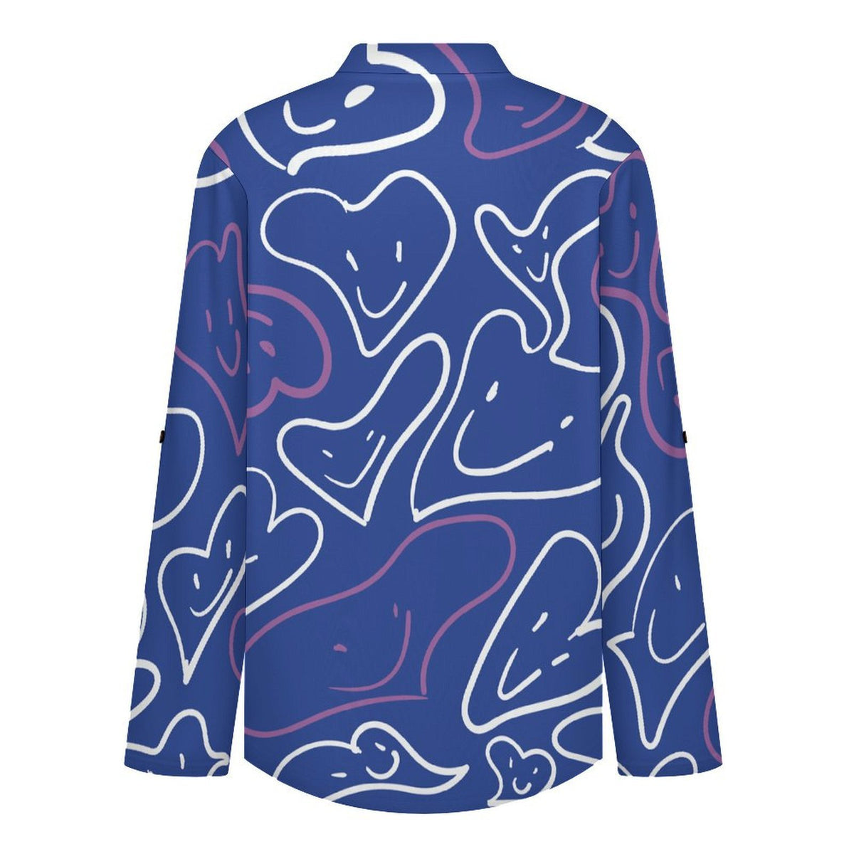 Love Smiley Face Repeat Pattern Roll Tab 3/4 Sleeve Notched V Neck Tunic Blouse