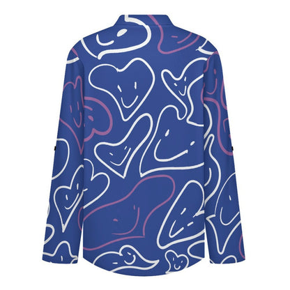 Love Smiley Face Repeat Pattern Roll Tab 3/4 Sleeve Notched V Neck Tunic Blouse