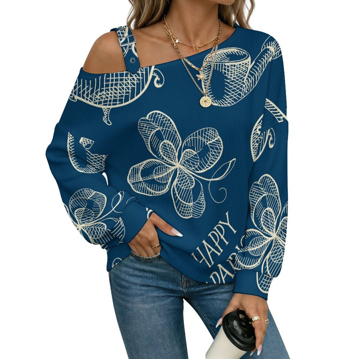 Blue, St. Patrick's Day, Pattern Fall Casual Asymmetric Shoulder Knit Top with Buckle Detail