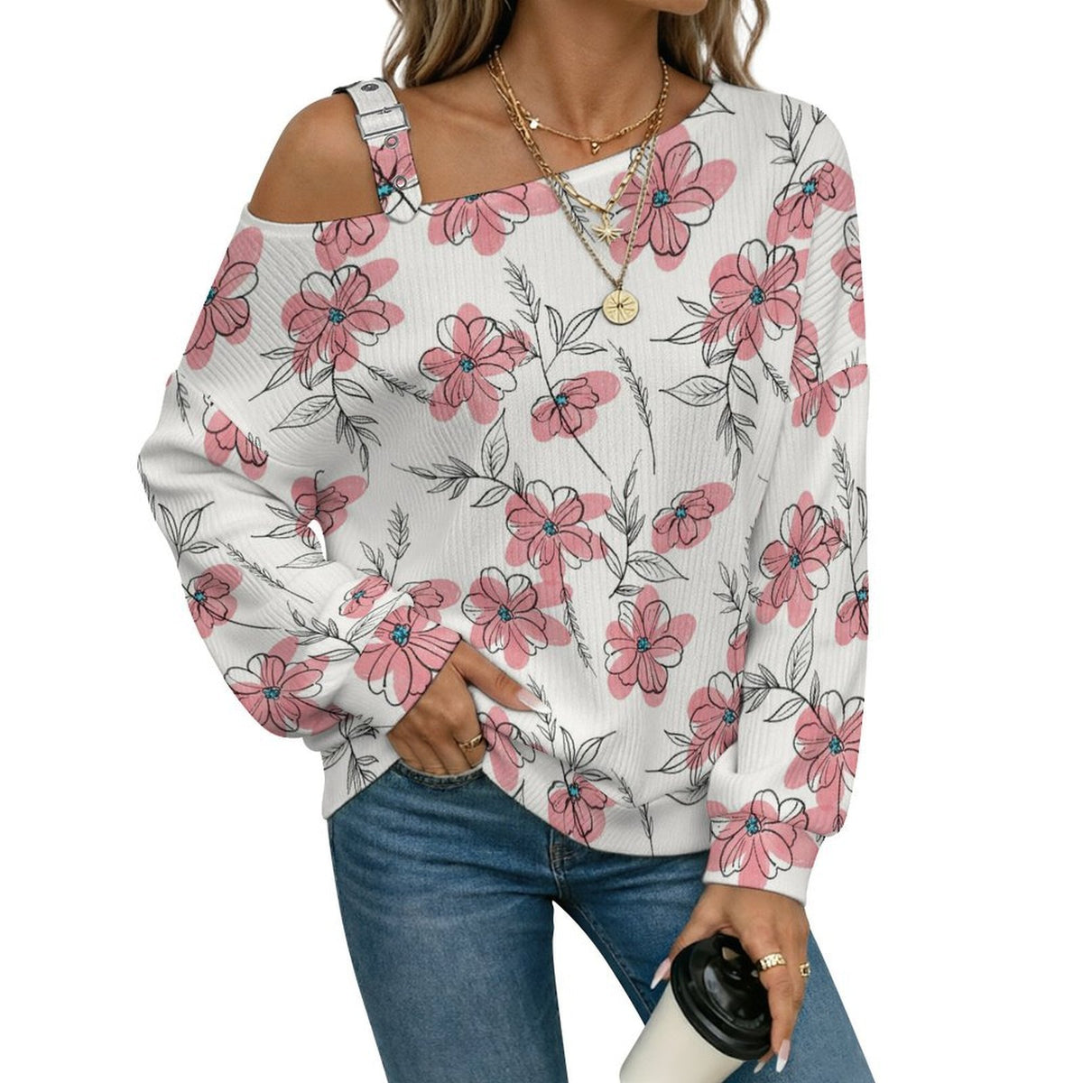 Long Sleeve Relaxed-Fit Solid Pullover Flower Pattern