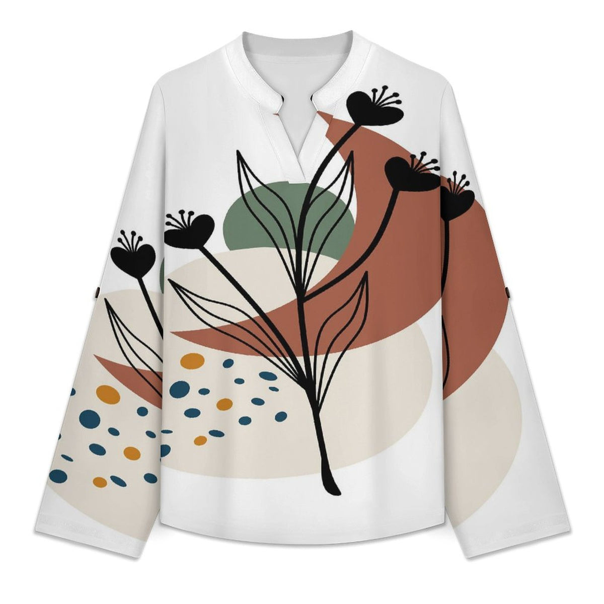 Chinese Wind Scenery  Versatile Notched V-Neck Tunic | Roll Tab 3/4 Sleeve Office Casual Top