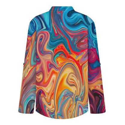 Stand-up Collar Long-sleeved Shirt Flowing Sci-fi Liquid Dazzle white S Women’s V-Neck Blouses