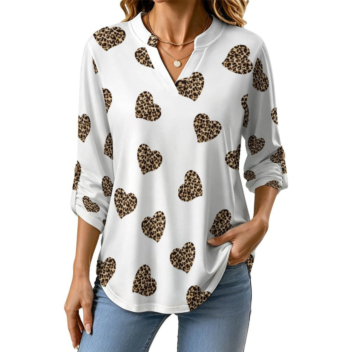 Peach Heart Leopard Grain  Versatile Notched V-Neck Tunic | Roll Tab 3/4 Sleeve Office Casual Top