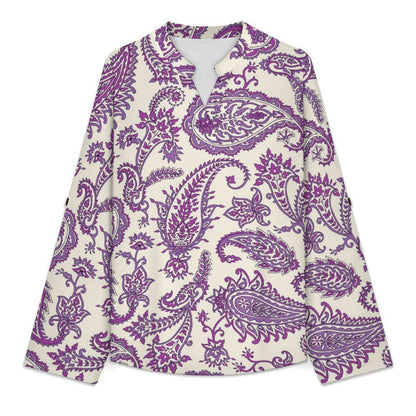 Paisley  Versatile Notched V-Neck Tunic | Roll Tab 3/4 Sleeve Office Casual Top