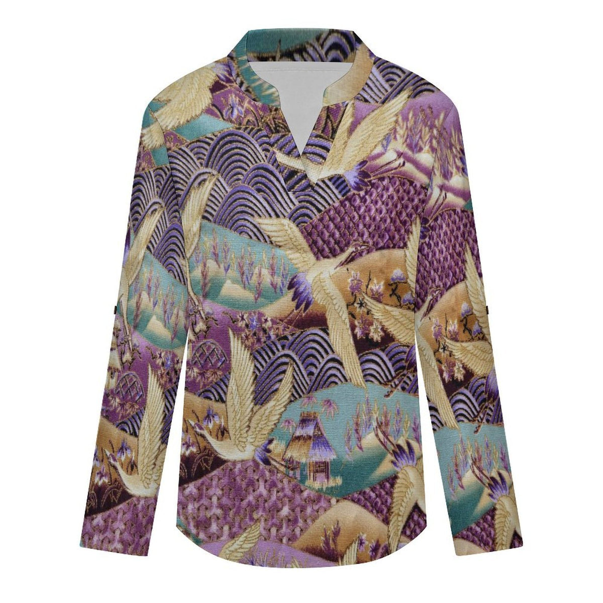 Chinese Style, Embroidery, Egret  Versatile Notched V-Neck Tunic | Roll Tab 3/4 Sleeve Office Casual Top