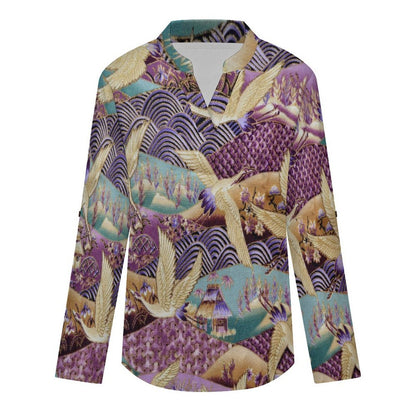Chinese Style, Embroidery, Egret  Versatile Notched V-Neck Tunic | Roll Tab 3/4 Sleeve Office Casual Top