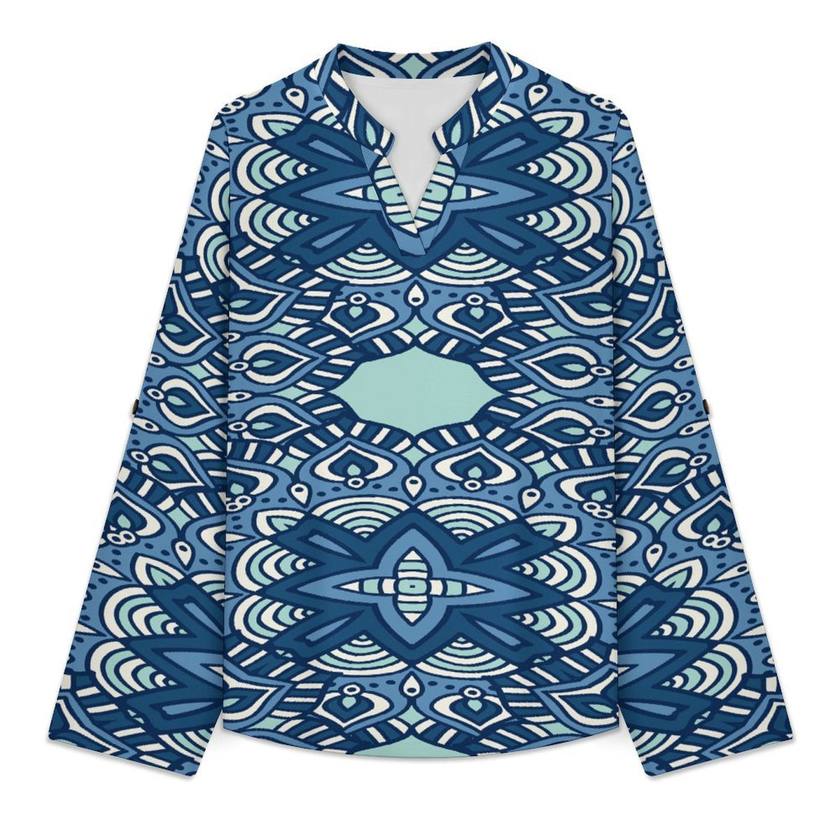 Blue Retro Pattern  Versatile Notched V-Neck Tunic | Roll Tab 3/4 Sleeve Office Casual Top