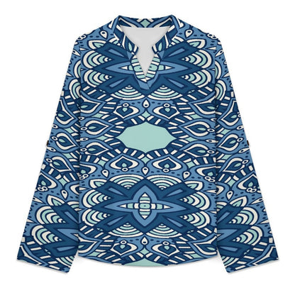 Blue Retro Pattern  Versatile Notched V-Neck Tunic | Roll Tab 3/4 Sleeve Office Casual Top