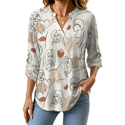 Stand-up Collar Long-sleeved Shirt Line Painting, Woman, Color Block white S Women’s V-Neck Blouses