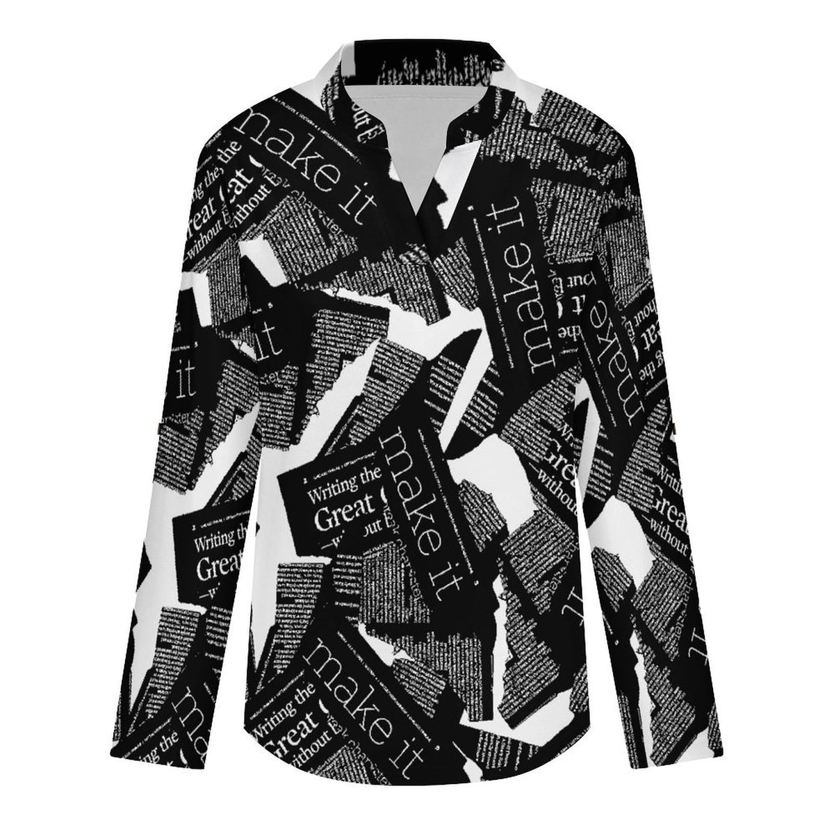 Stand-up Collar Long-sleeved Shirt Newspaper Vintage Dress white S Women’s V-Neck Blouses