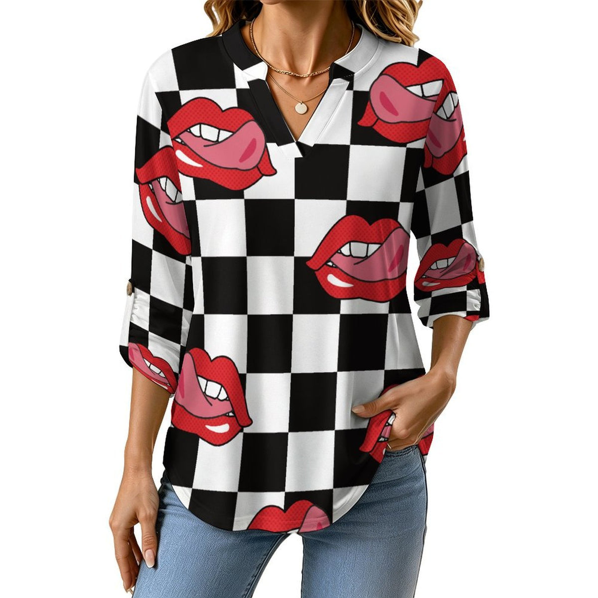 Pop Style Red Lips Repeat Pattern Black And White Checkered Roll Tab 3/4 Sleeve Notched V Neck Tunic Blouse