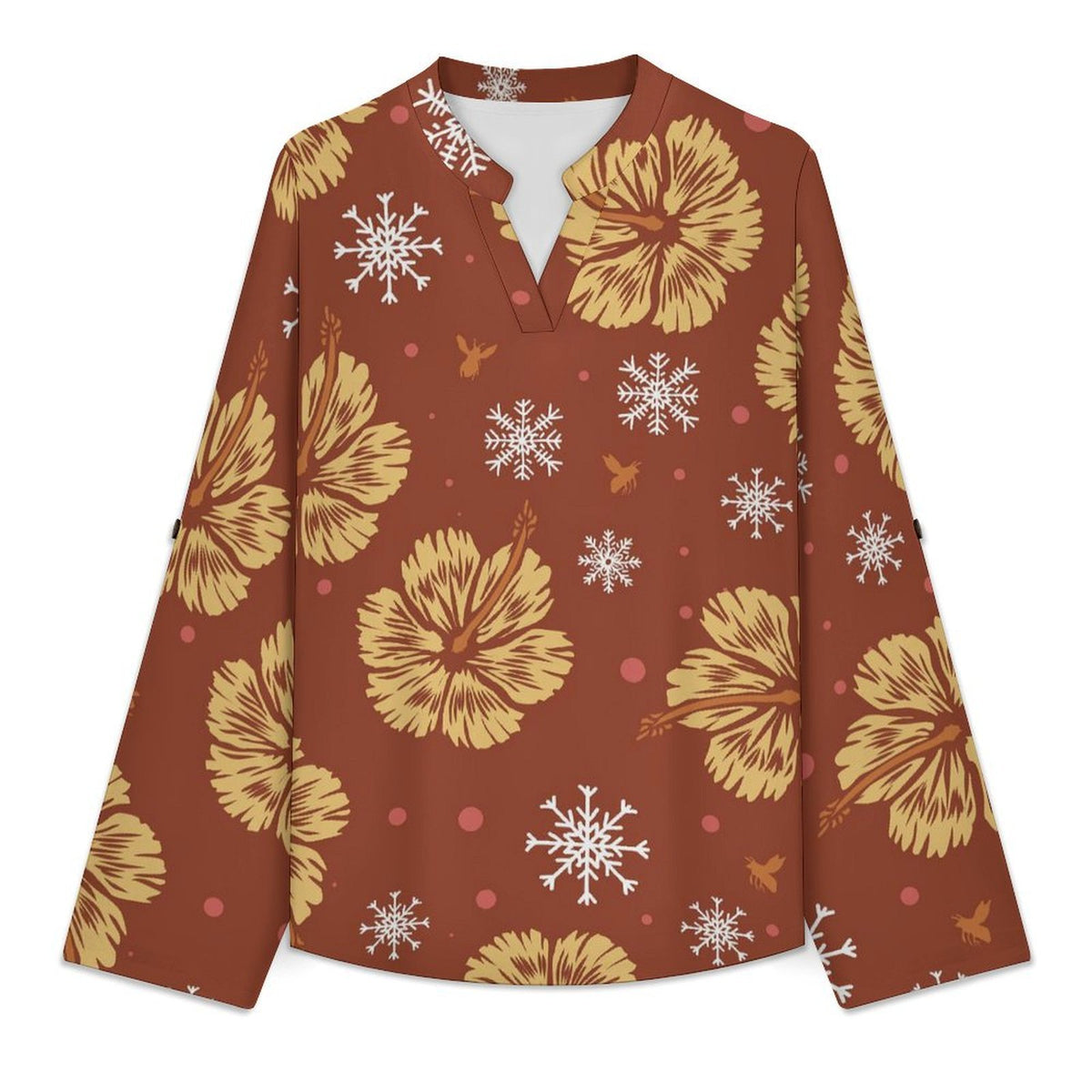 Stand-up Collar Long-sleeved Shirt Orange Background, Flowers white S Women’s V-Neck Blouses