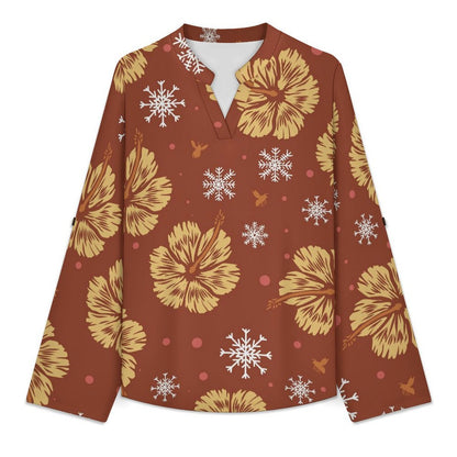 Stand-up Collar Long-sleeved Shirt Orange Background, Flowers white S Women’s V-Neck Blouses