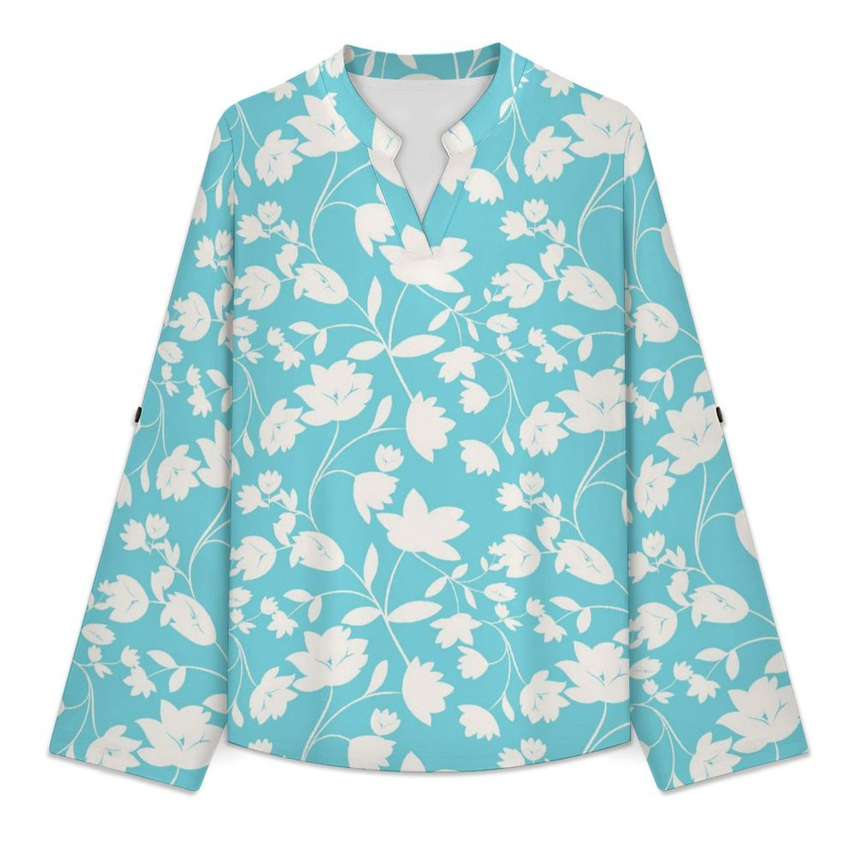 Flower  Versatile Notched V-Neck Tunic | Roll Tab 3/4 Sleeve Office Casual Top