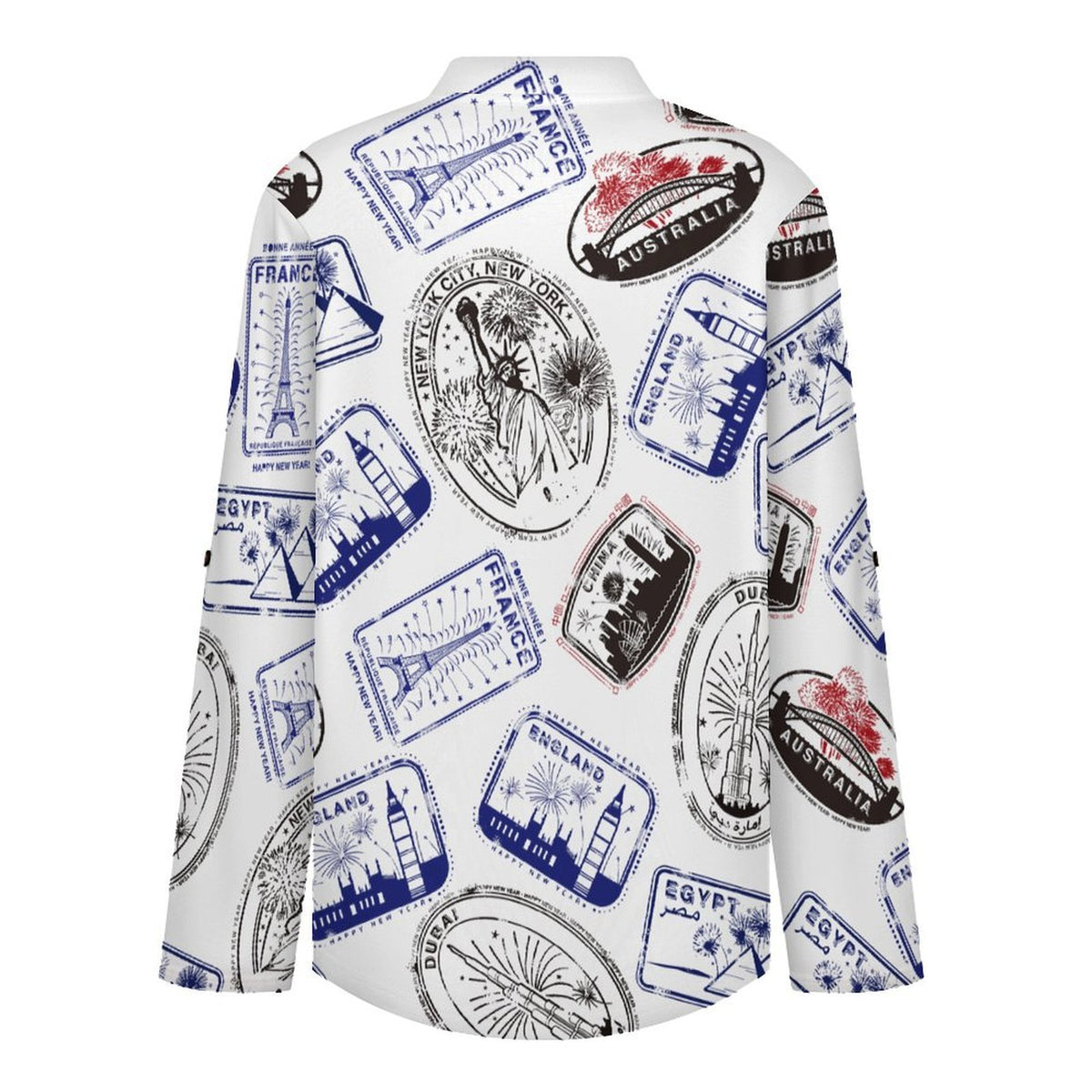 Repeating Patterns, Postmarks, Flags, Blue Stars, Stripes Roll Tab 3/4 Sleeve Notched V Neck Tunic Blouse