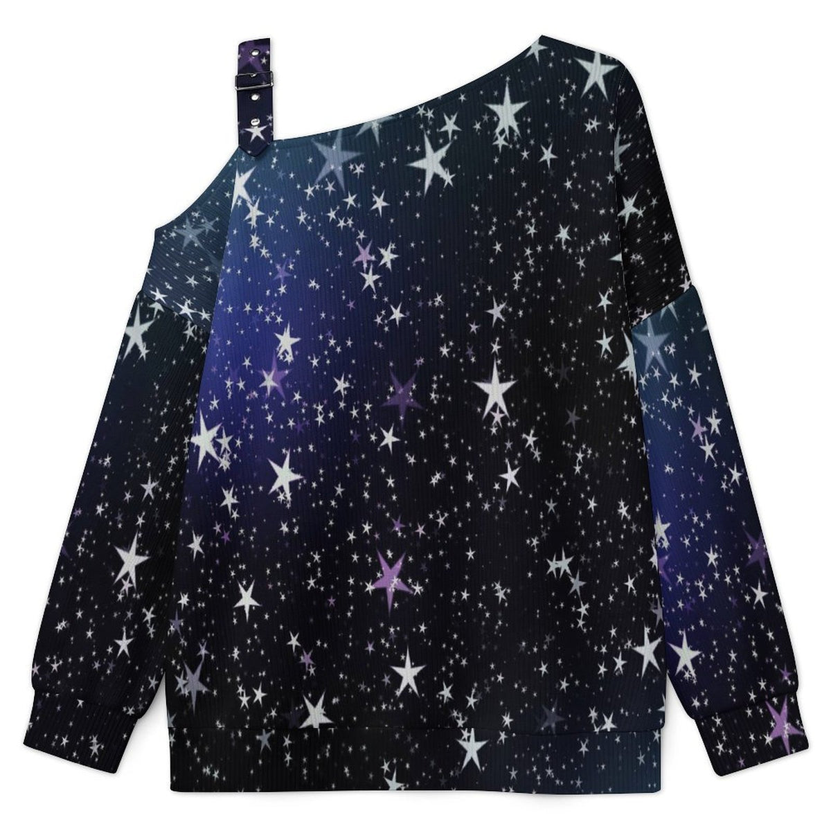 Fall Casual Asymmetric Shoulder Knit Top with Buckle Detail Night, Starry Sky