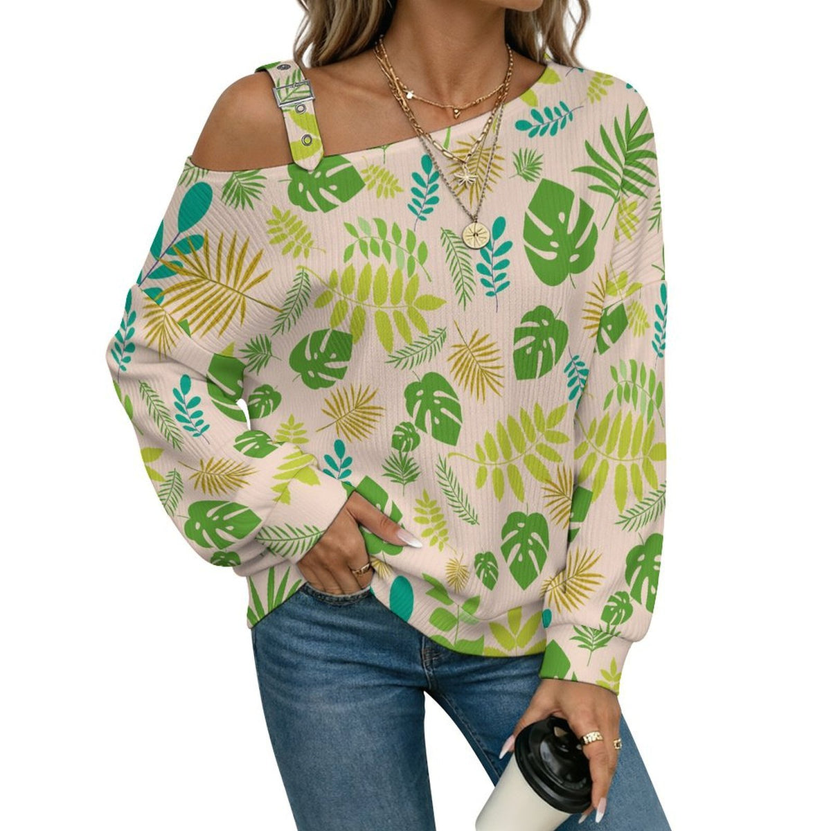 Women’s Off-Shoulder Knit Sweater Tropical Plant Background