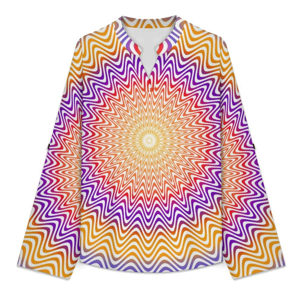 Optical Art  Versatile Notched V-Neck Tunic | Roll Tab 3/4 Sleeve Office Casual Top