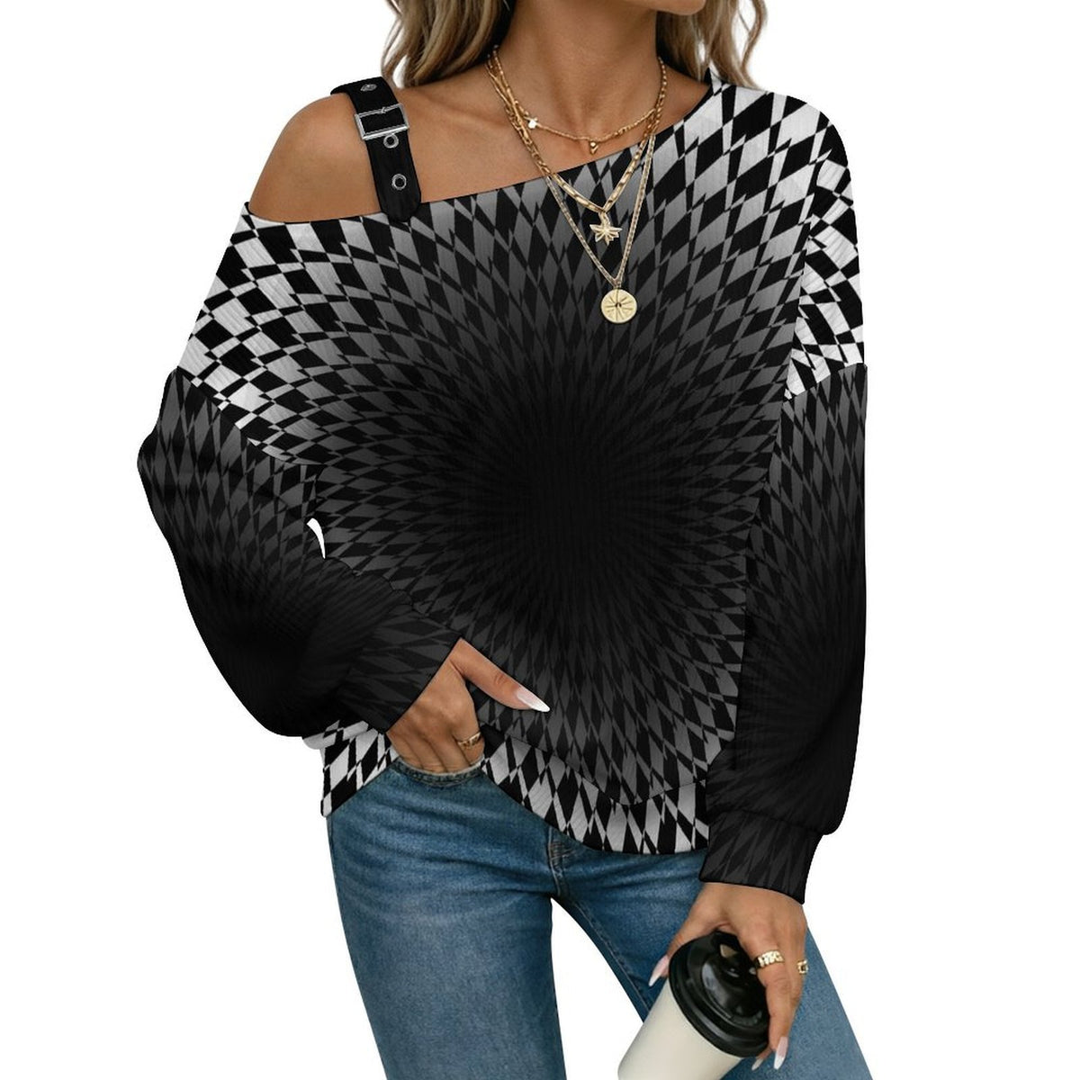 Women’s Off-Shoulder Knit Sweater Optical Art Viaual Trap