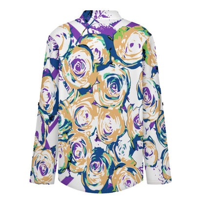 Vintage Rose Pattern  Women Curved Hem V Neck Roll Sleeve Casual Work Top