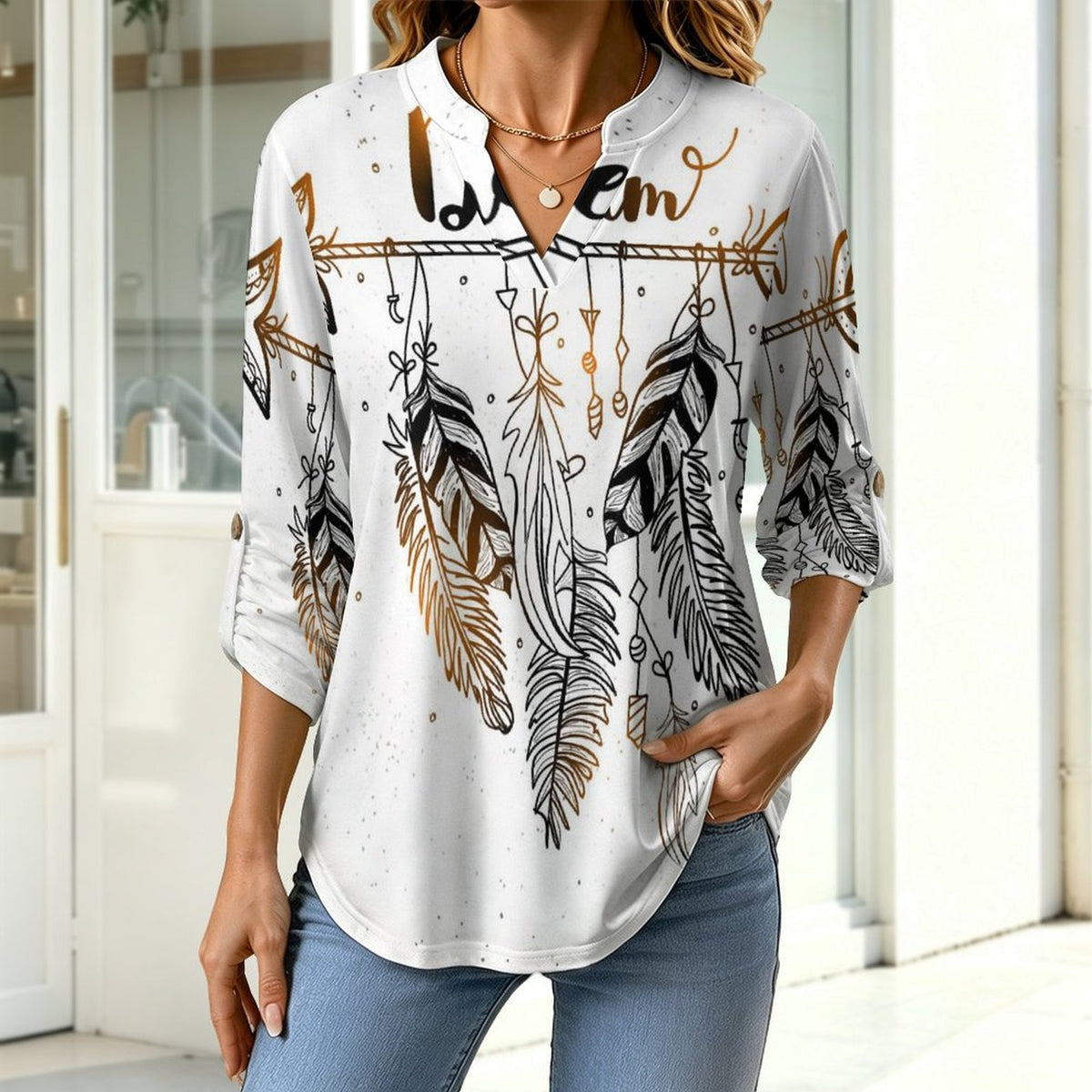 Versatile Notched V-Neck Tunic | Roll Tab 3/4 Sleeve Office Casual Top  Dream