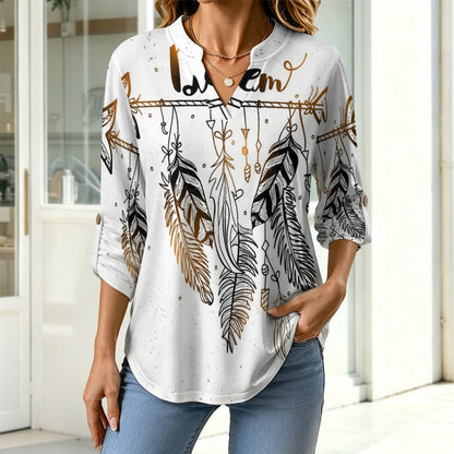 Versatile Notched V-Neck Tunic | Roll Tab 3/4 Sleeve Office Casual Top  Dream