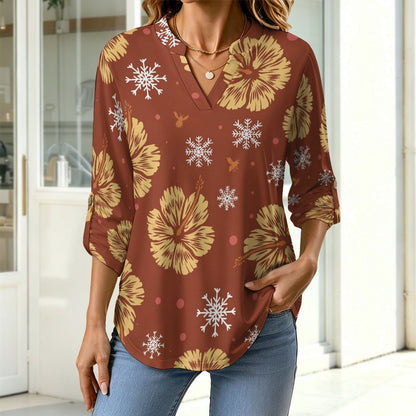 Stand-up Collar Long-sleeved Shirt Orange Background, Flowers white S Women’s V-Neck Blouses