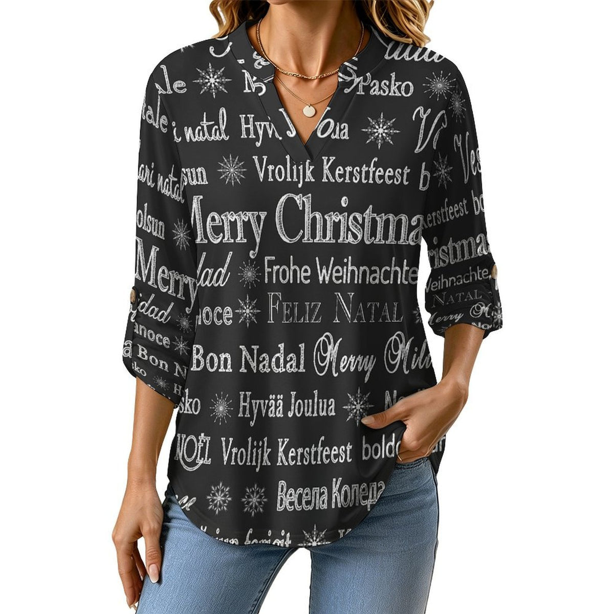 Merry Christmas  Versatile Notched V-Neck Tunic | Roll Tab 3/4 Sleeve Office Casual Top