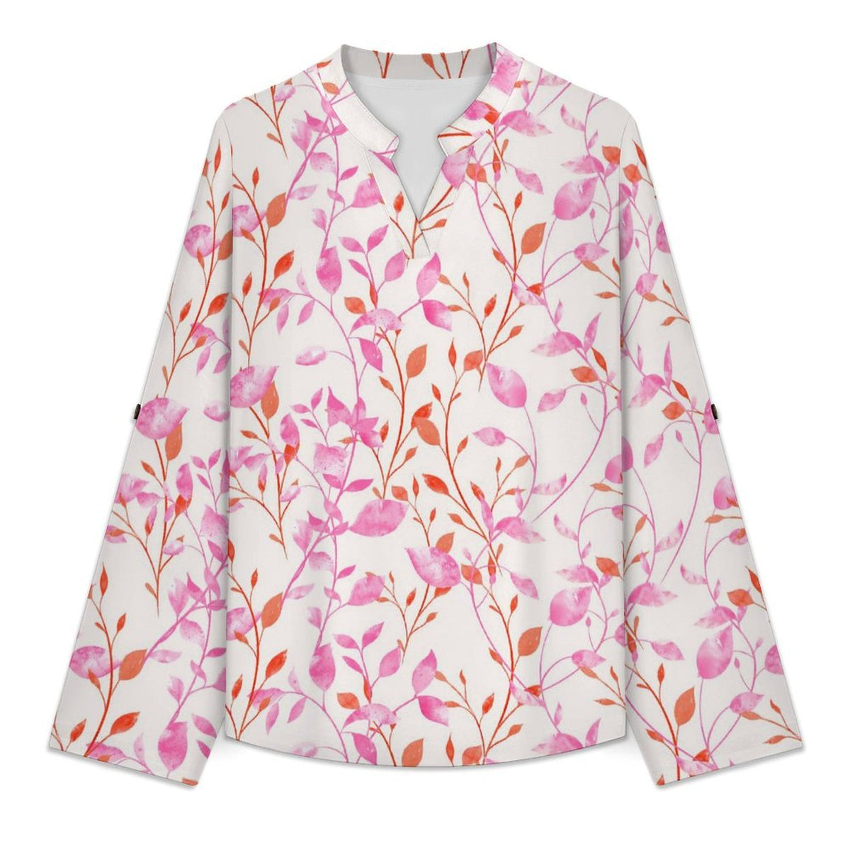 Flower  Versatile Notched V-Neck Tunic | Roll Tab 3/4 Sleeve Office Casual Top