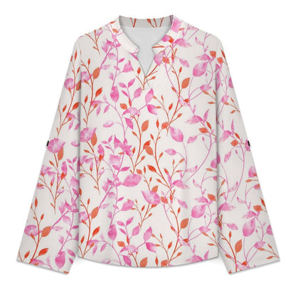 Flower  Versatile Notched V-Neck Tunic | Roll Tab 3/4 Sleeve Office Casual Top