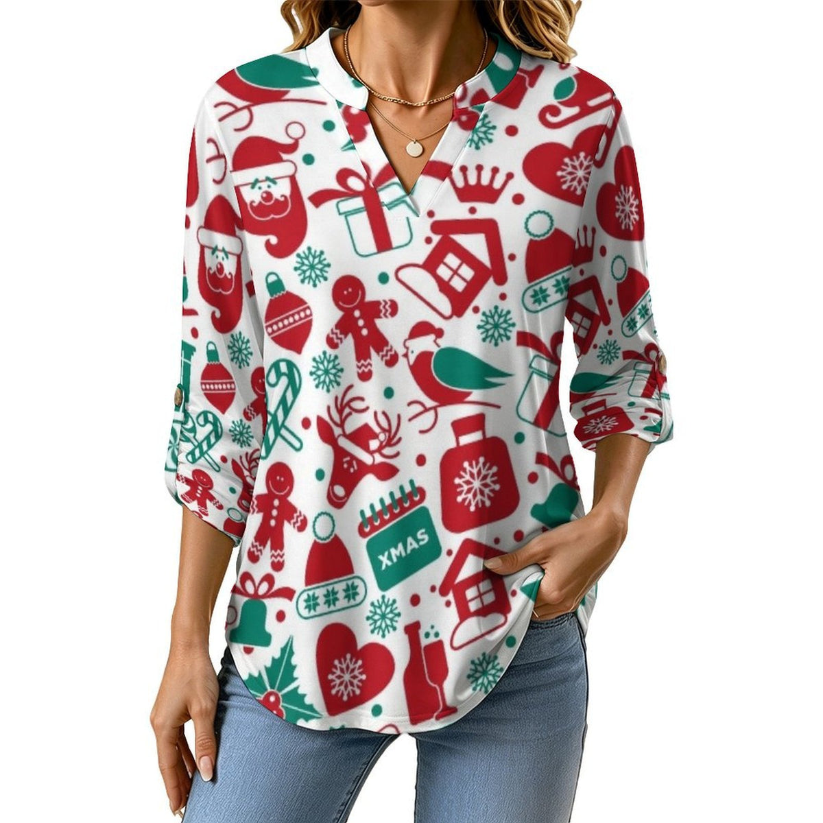 Christmas Pattern  Versatile Notched V-Neck Tunic | Roll Tab 3/4 Sleeve Office Casual Top