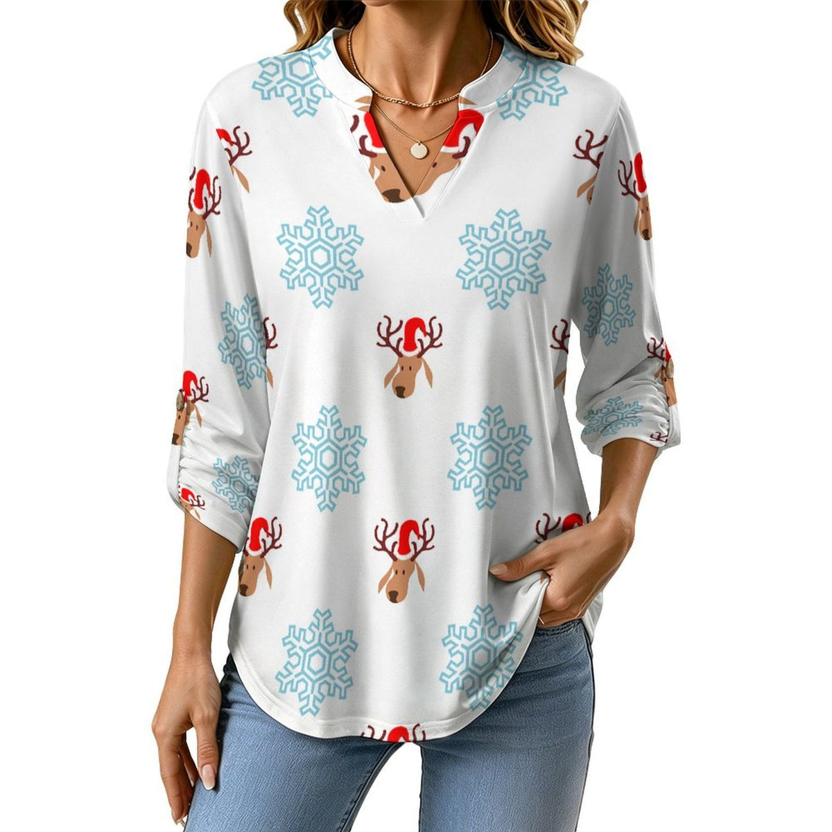 Snow, Elk  Versatile Notched V-Neck Tunic | Roll Tab 3/4 Sleeve Office Casual Top